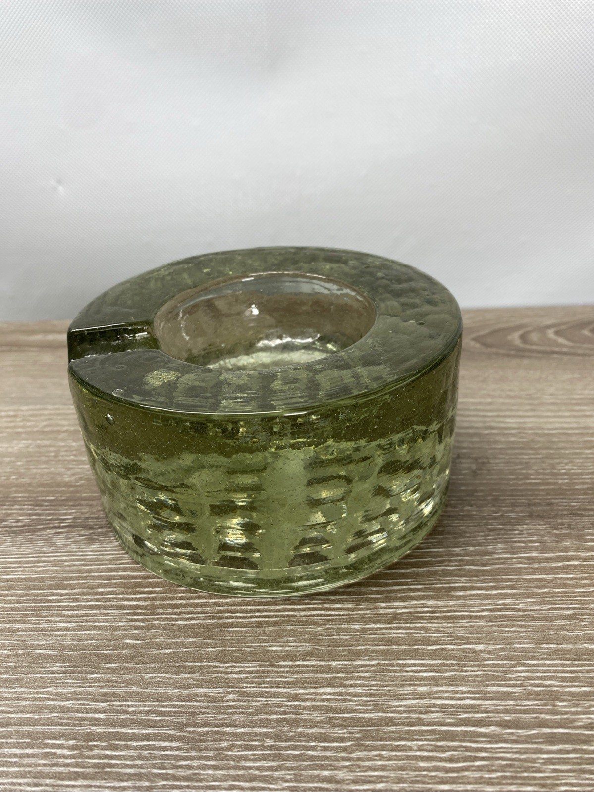Large 1960's German Sculptural Textured Thick Heavy Green Glass Ashtray
