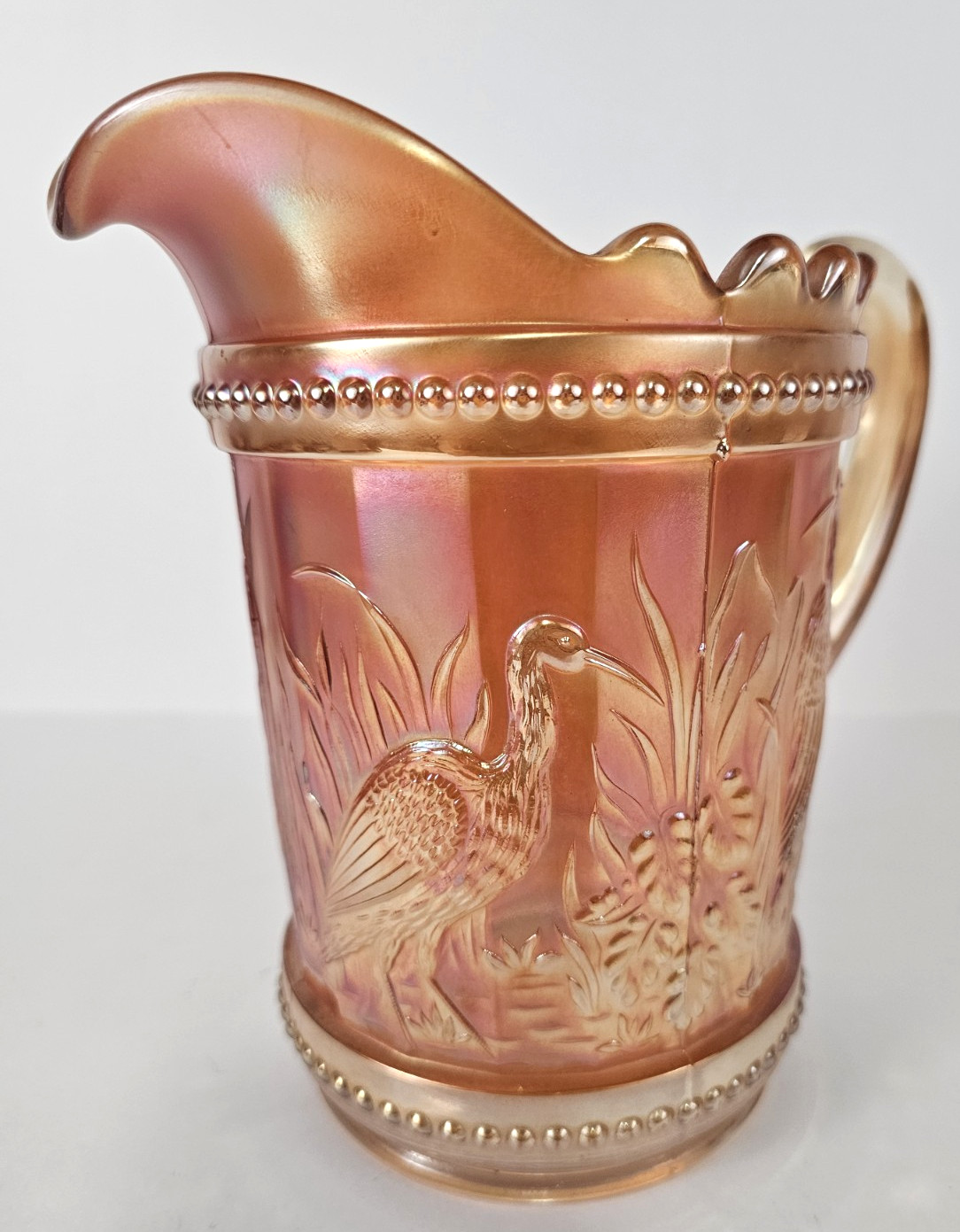 Diamond Dugan Stork & Rushes Beaded Band Marigold Carnival Glass Pitcher 8\ Diamond Dugan Stork & Rushes Beaded Band Marigold Carnival Glass Pitcher 8\