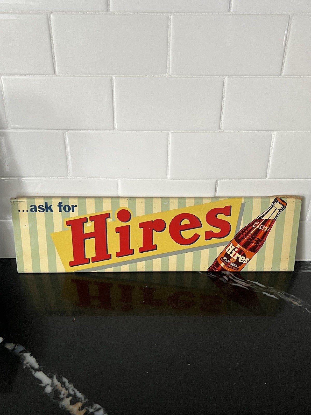Vintage 1950s Hires Root Beer Tin Door Sign Press Sign Co St Louis 18x5.5
