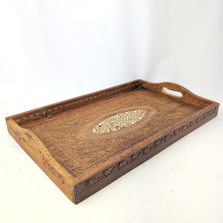 Vintage 1960s Hand Carved Wood Serving Tray Inlay Indian Boho Floral Brown Vintage 1960s Hand Carved Wood Serving Tray Inlay Indian Boho Floral Brown