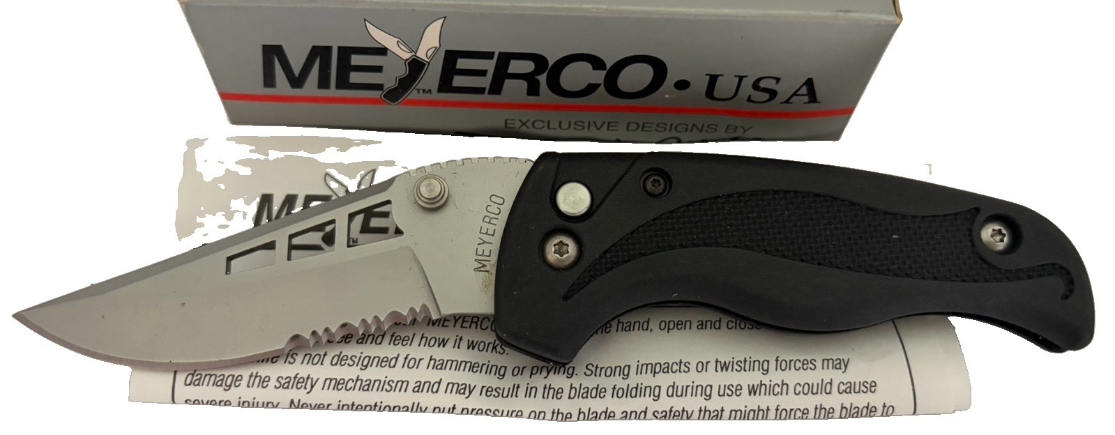 Vintage Meyerco Stingray Blackie Collins Folding Knife AUS-8 Serrated Blade NOS