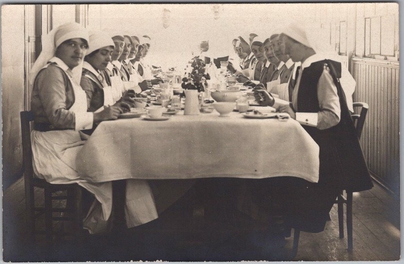 1910s WWI France Real Photo RPPC Postcard Nurses Dining / Military Hospital