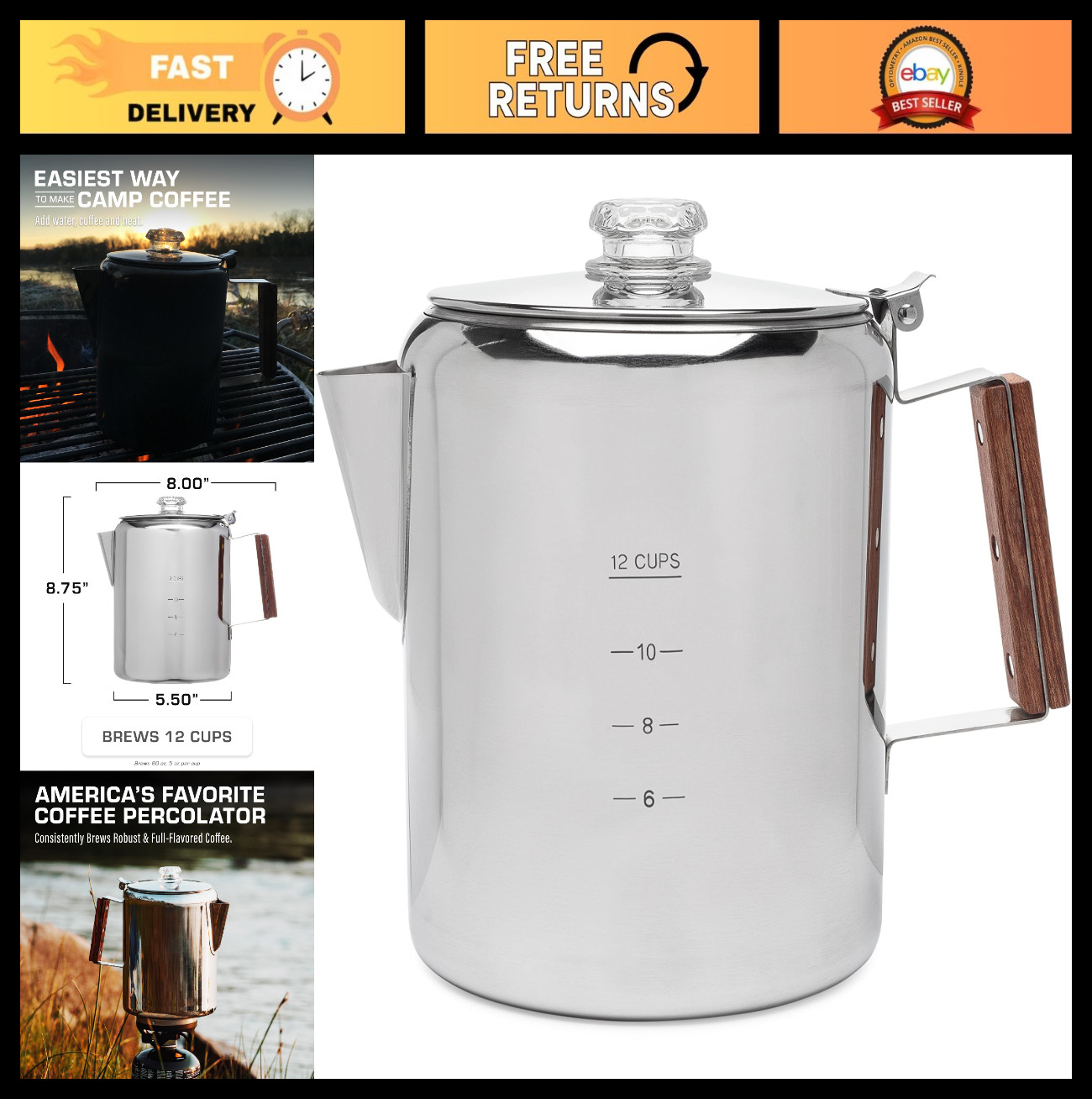 12-Cup Percolator Coffee Pot - Stainless Steel, No Aluminum or Plastic, Durable