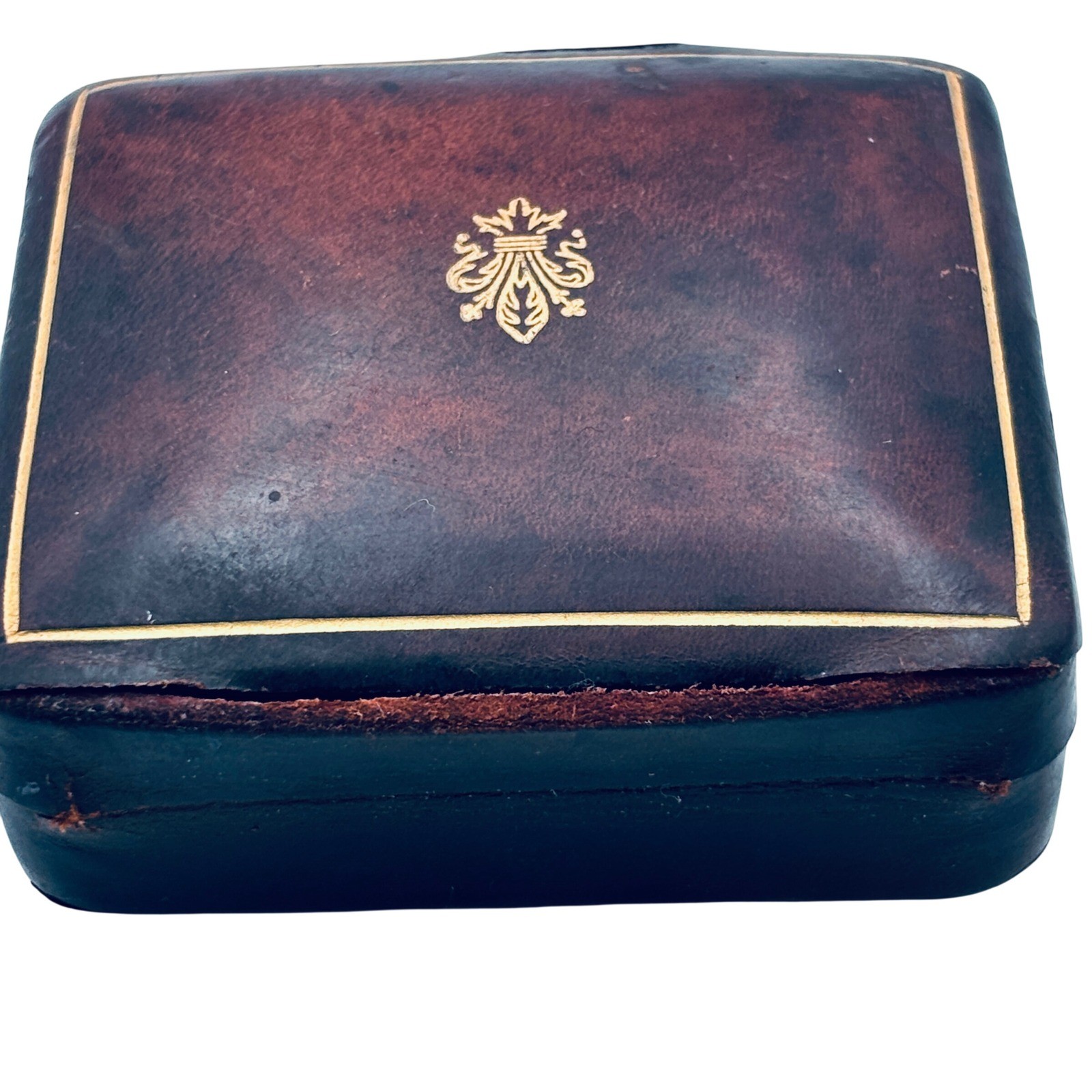 Vintage Italian Leather Jewelry Box Fleur de Lis Gold Gilt Small Trinket Case
