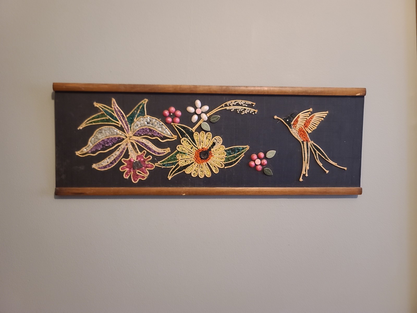 Vintage MCM 70s Sequined & Seeds Homemade Art Decor Hummingbird Flowers 9x24