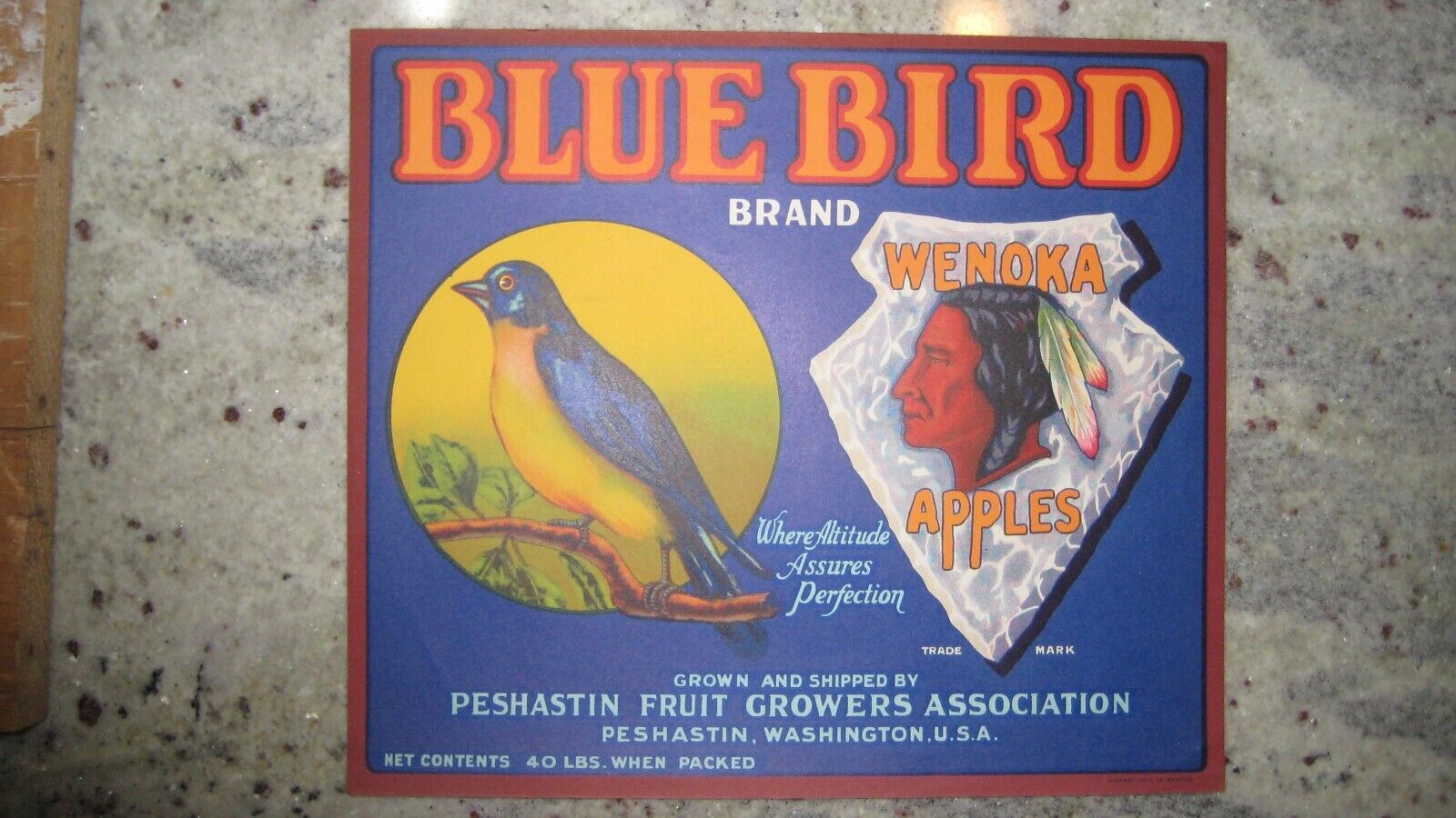 Original Rare Blue Bird Apple Crate Label Wenoka Inset Peshastin Fruit Growers
