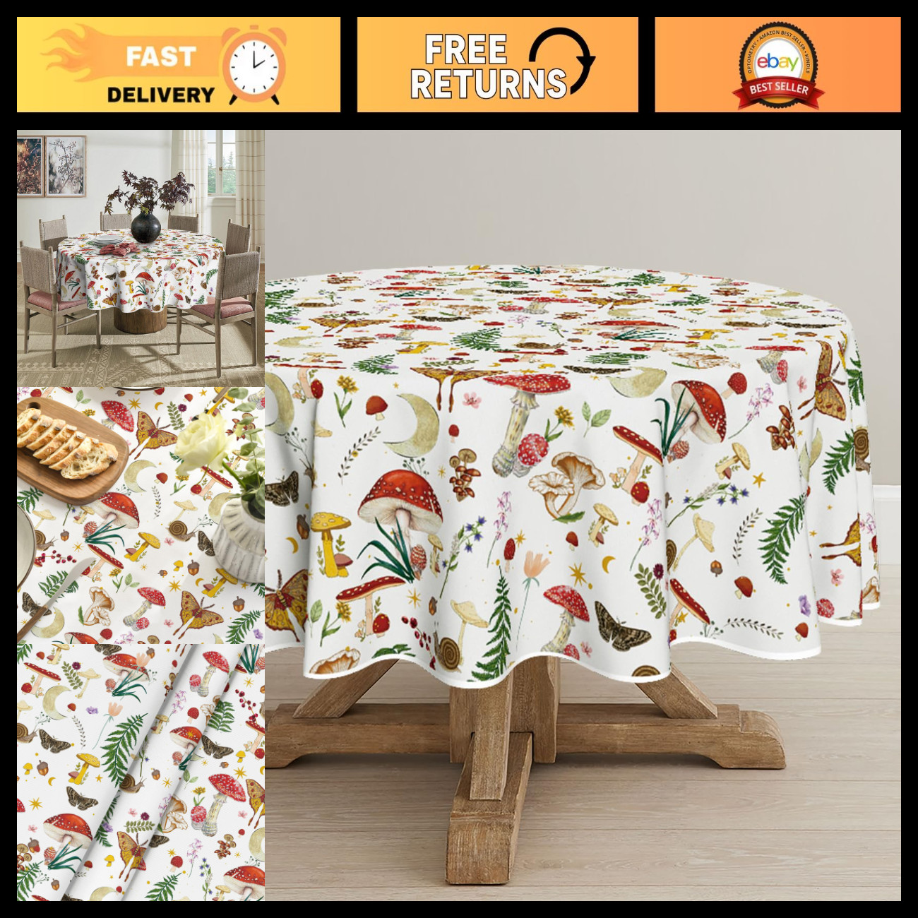 Vintage Mushroom Tablecloth - White 70x70 Inch Round - Boho Decor for Dining Tab Vintage Mushroom Tablecloth - White 70x70 Inch Round - Boho Decor for Dining Tab