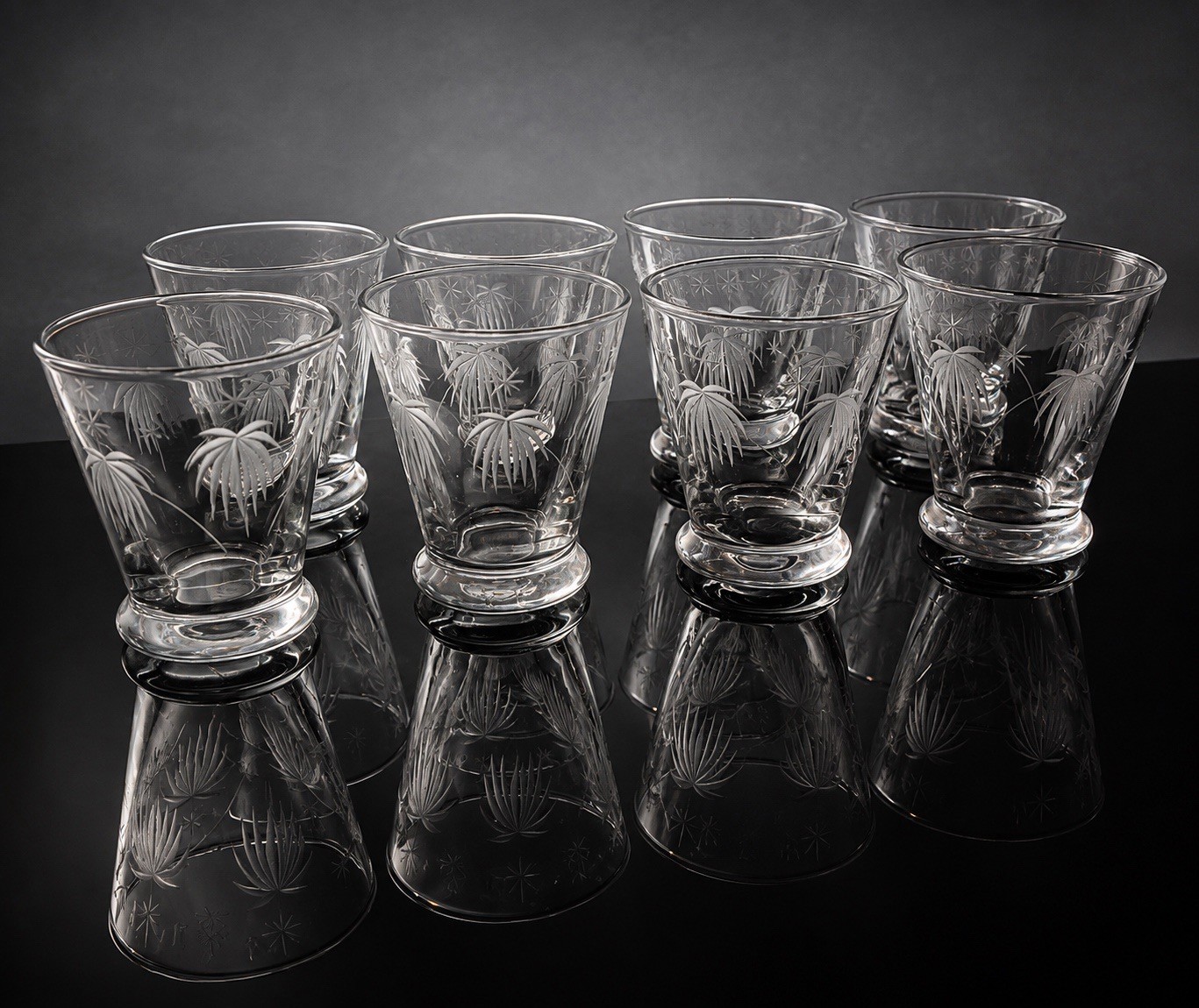 Vintage Javit Crystal Etched Palm Tree Double Shot Glasses 3 oz Set of 8 MCM