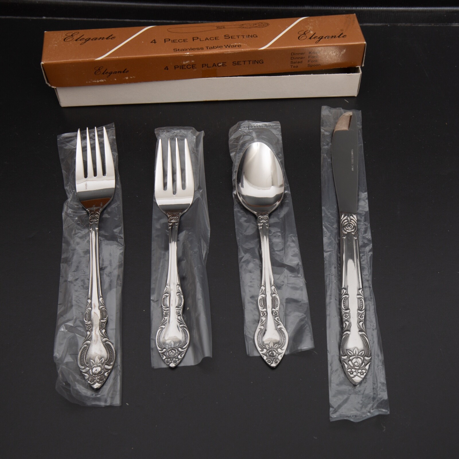 Vtg Elegante Stainless Steel Flatware Japan 4 Piece Place Setting In Box Floral