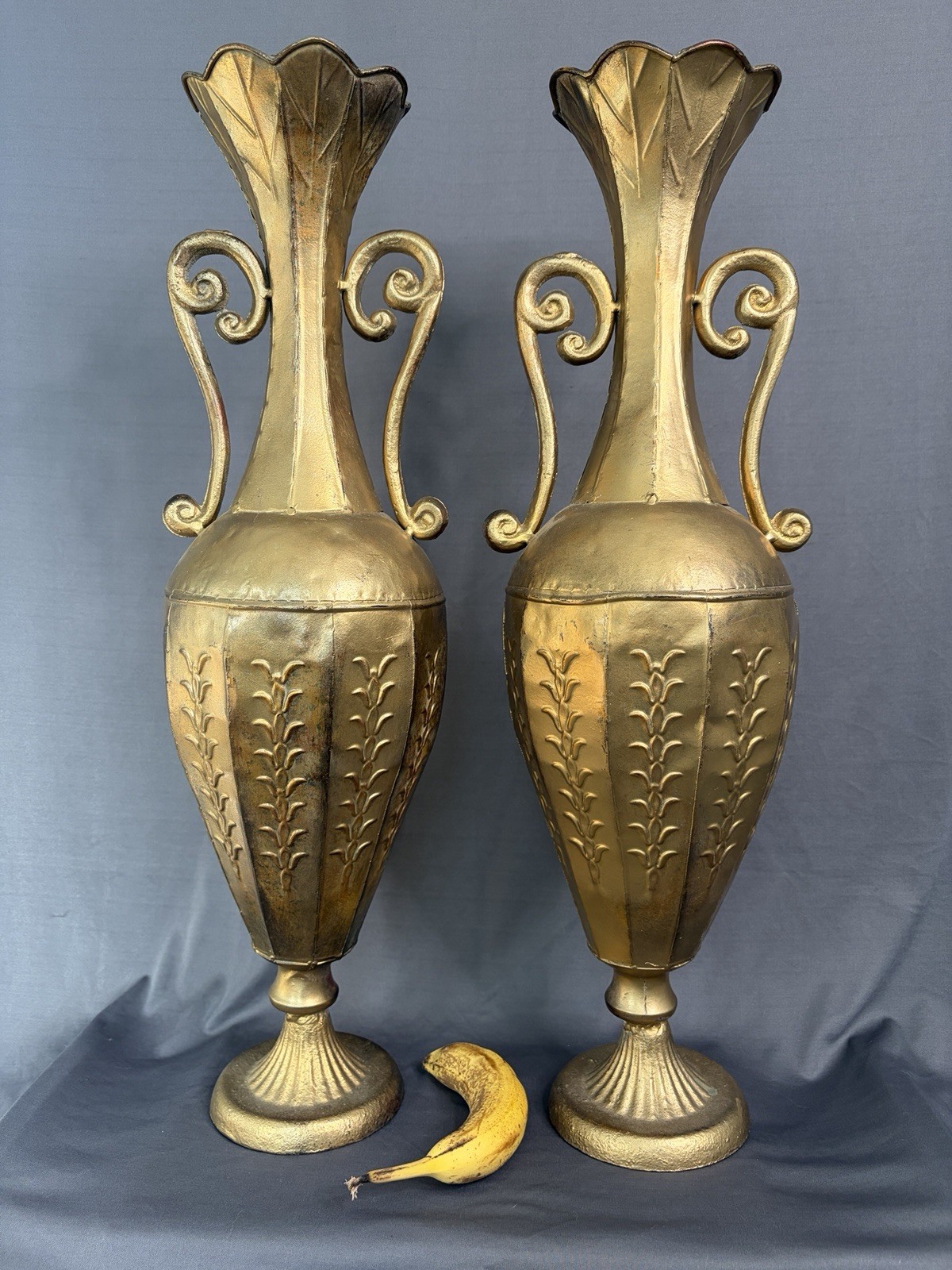 TWO Large Vintage Metal (brass?) Vases