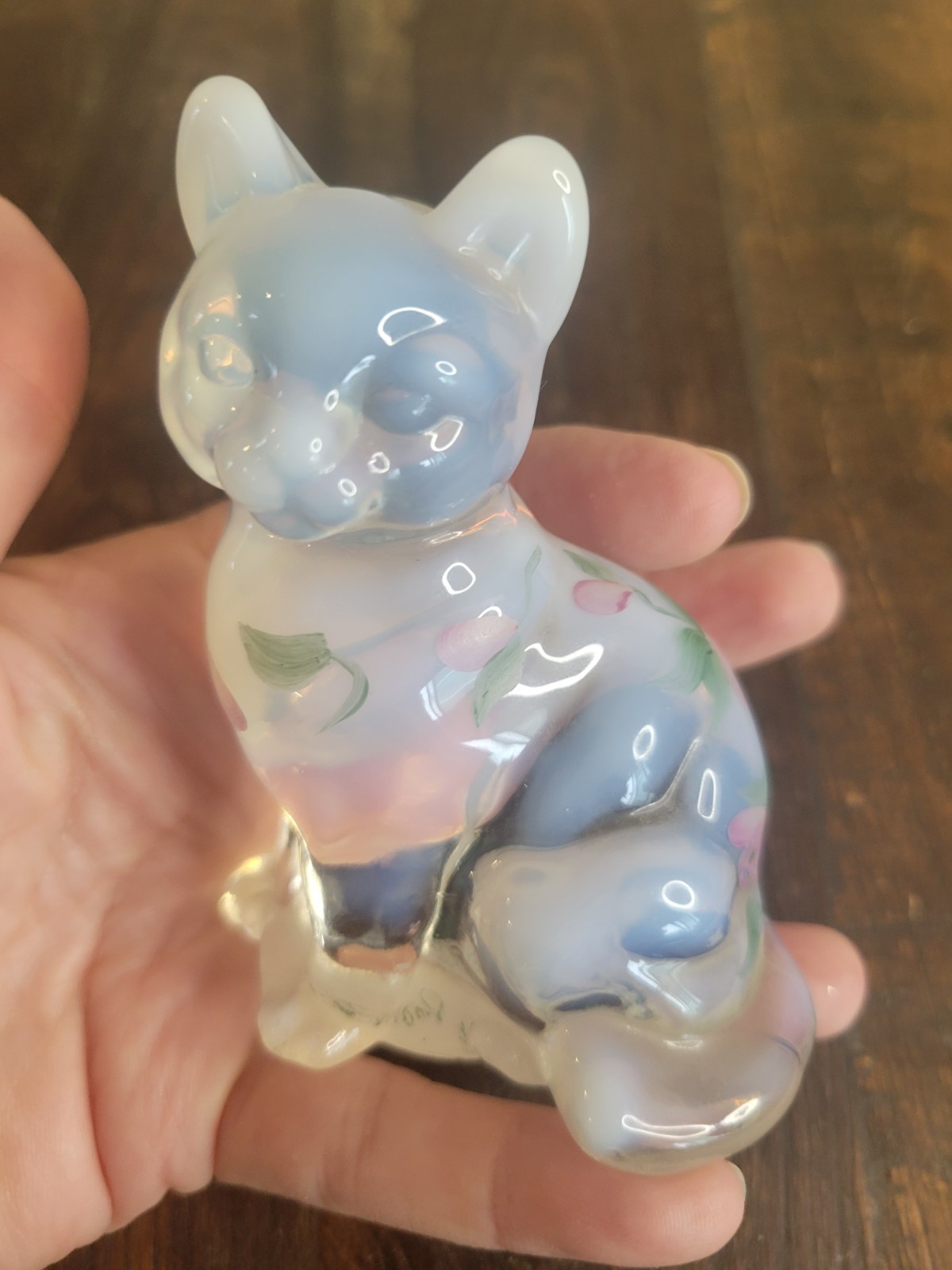 Fenton Opalescent Cat Figurine Hand Painted Double Signed-Artist & Fenton Family Fenton Opalescent Cat Figurine Hand Painted Double Signed-Artist & Fenton Family