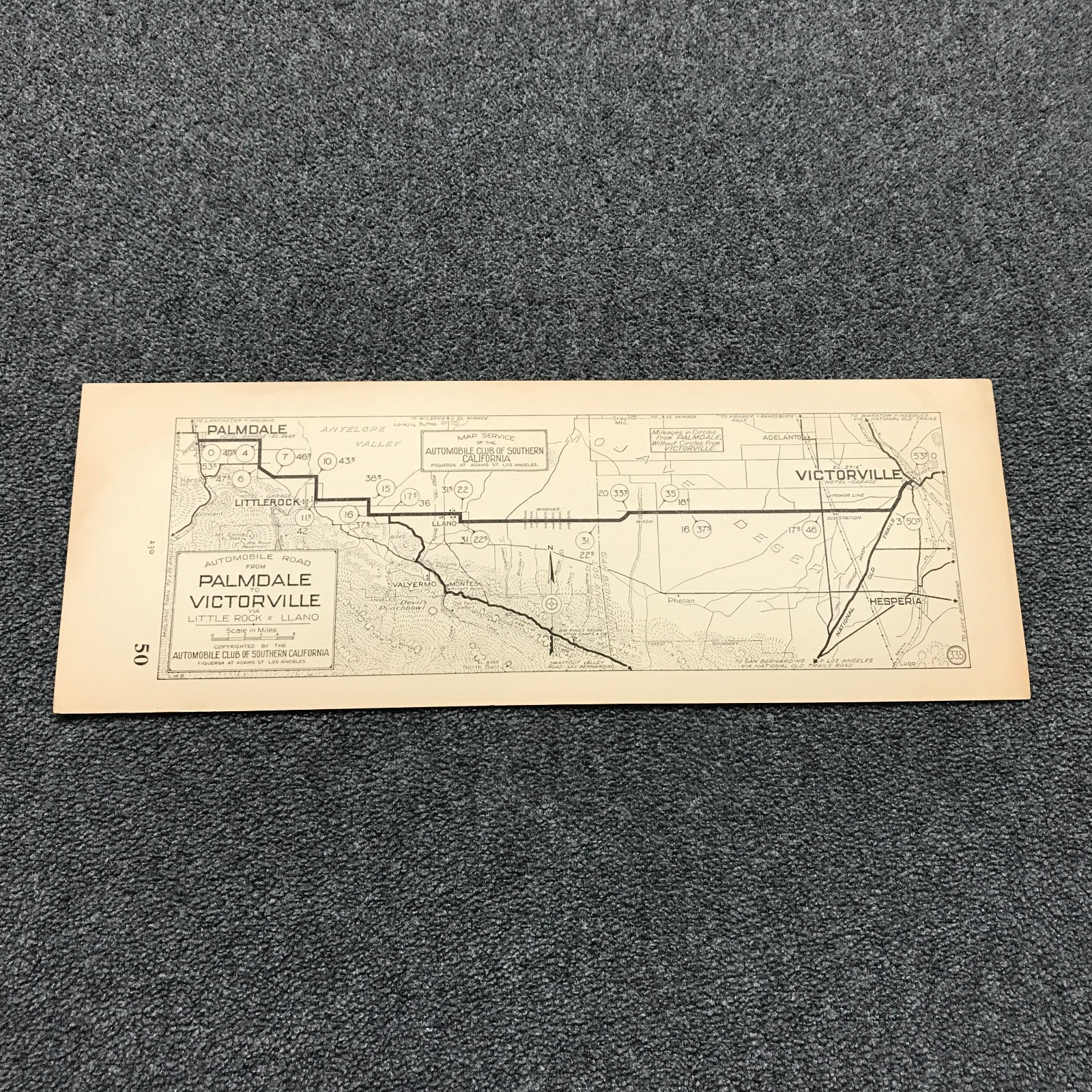 1920s AAA Auto Club SoCal Strip Map Palmdale to Victorville Little Rock Llano 50