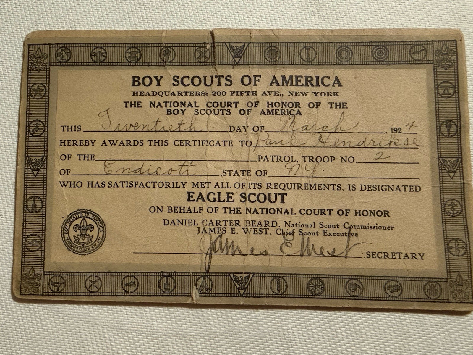 National Court Of Honor Boy Scouts Of America 1924 Hand Signed By James E West