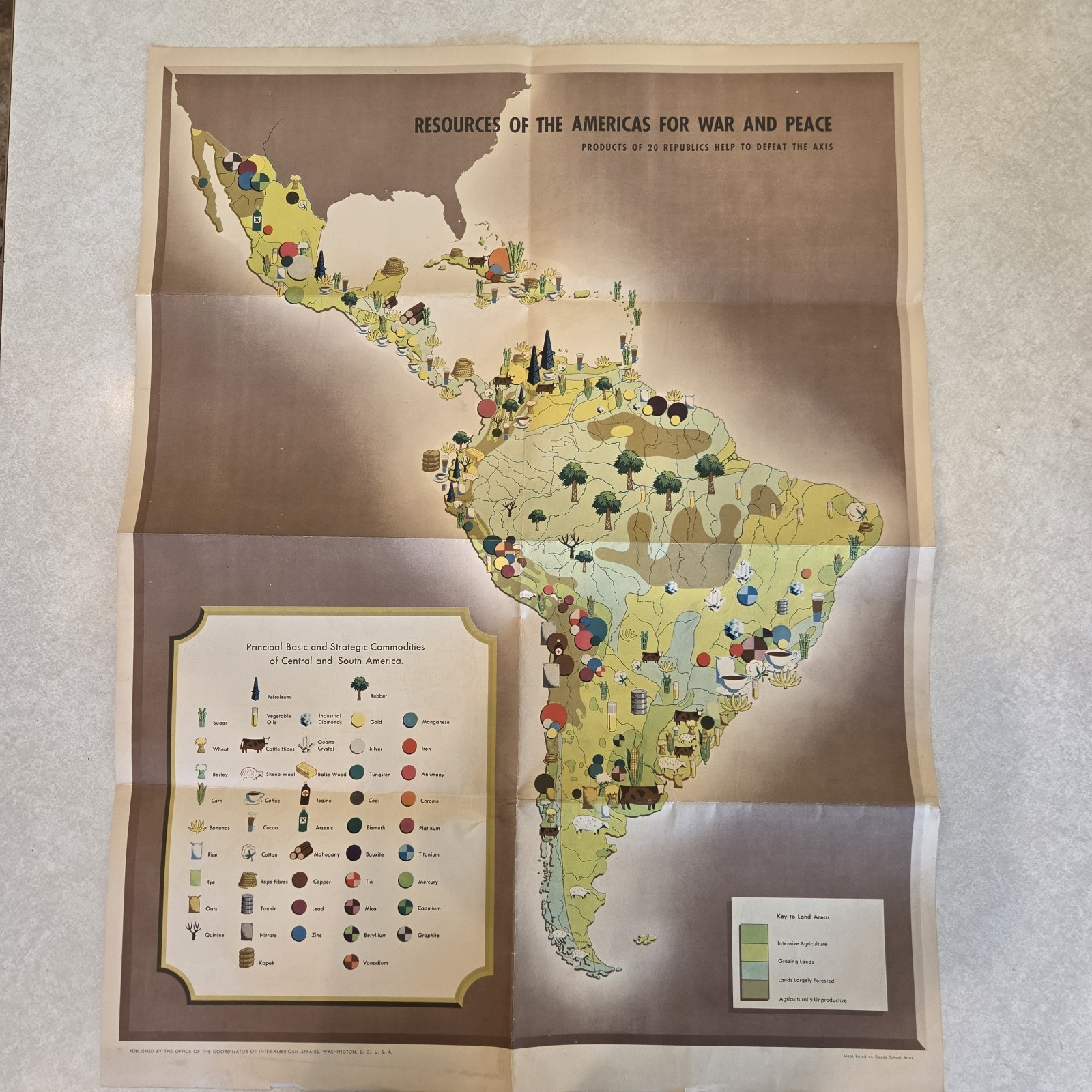 Original 1942 WWII Pictorial Propaganda Map Resources of the Americas CIAA