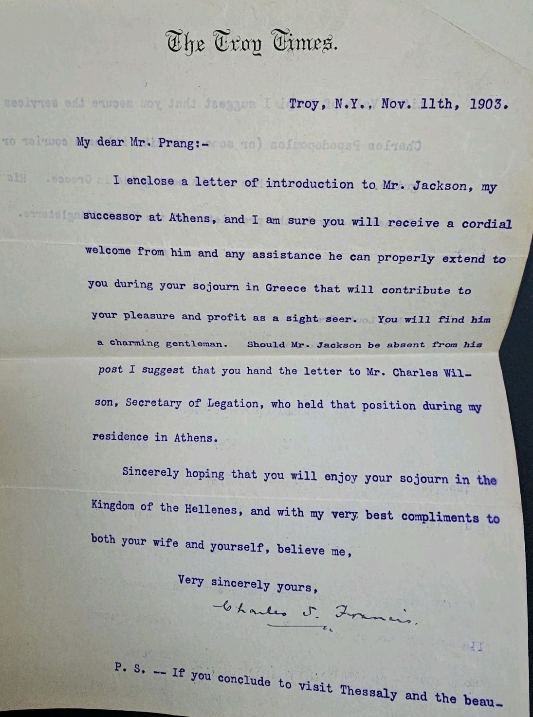 1903 Charles S. Francis Letter to Louis Prang re Athens Diplomatic & Greece