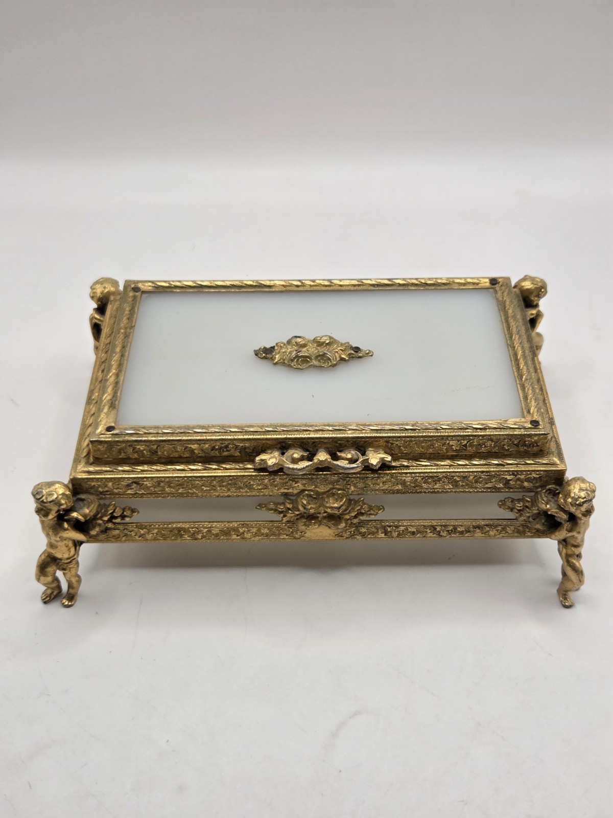 Vintage Mid Century Modern Ornate Glass  Trinket Jewelry Box Gold Tone