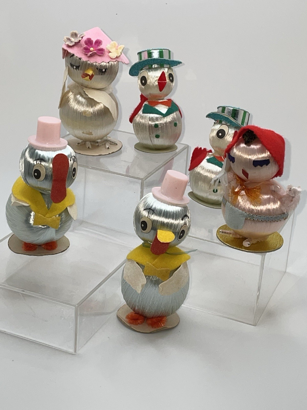 6 Vintage Satin Easter Chick in Hats Japan  Decoration Figurine Figure Lot Retro