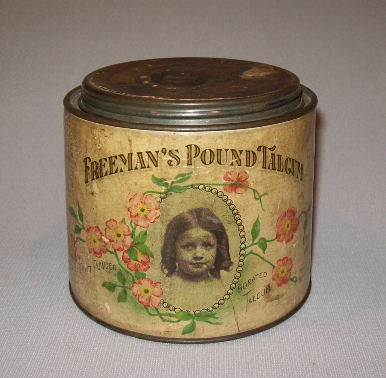 Old Antique Vtg Ca 1900s Freeman's Pound Talcum Talc Tin Beautiful Child Graphic