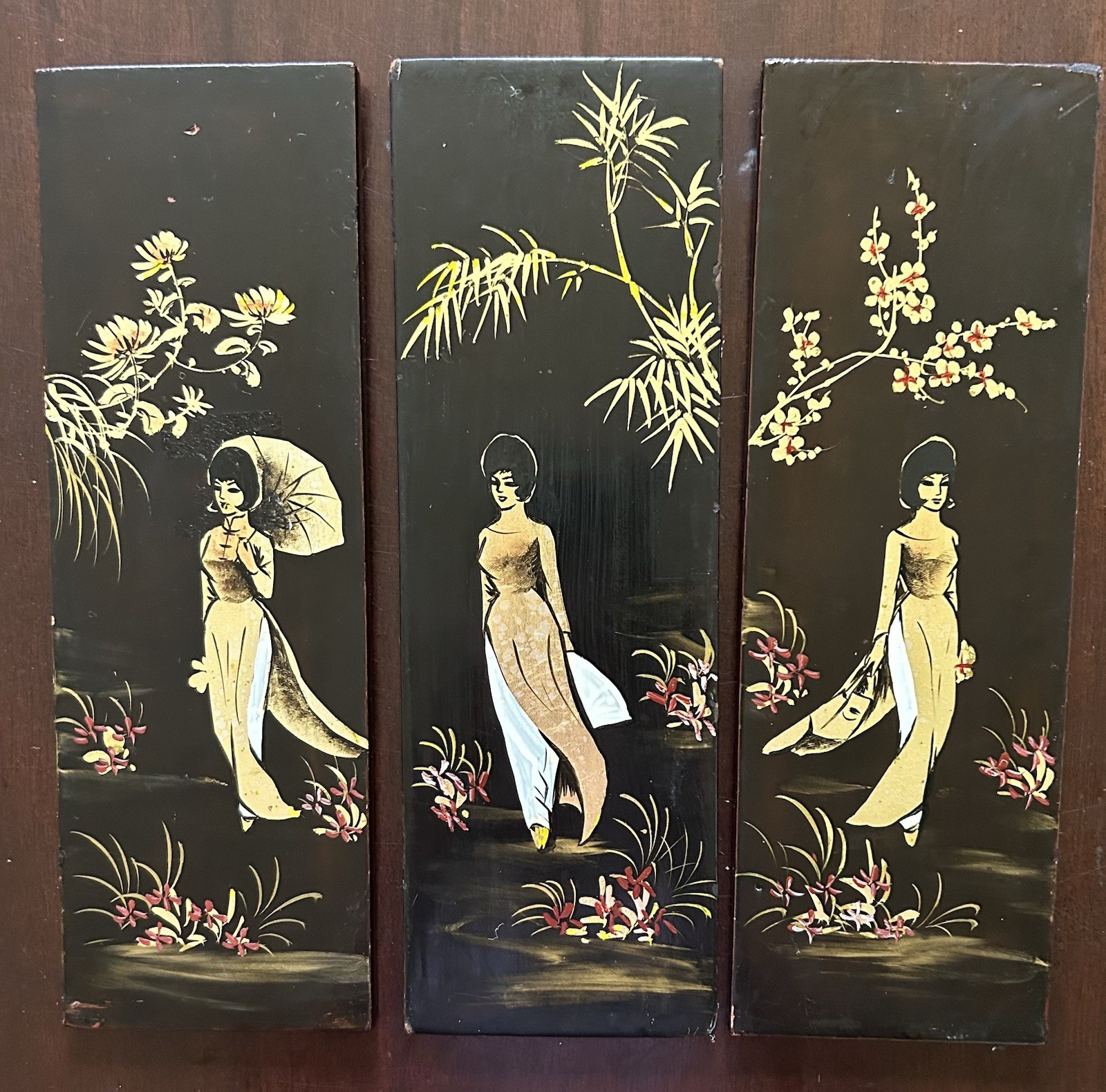 (3) VINTAGE MCM Oriental Asian Black Lacquer Plaques 12”x4” Wall Art