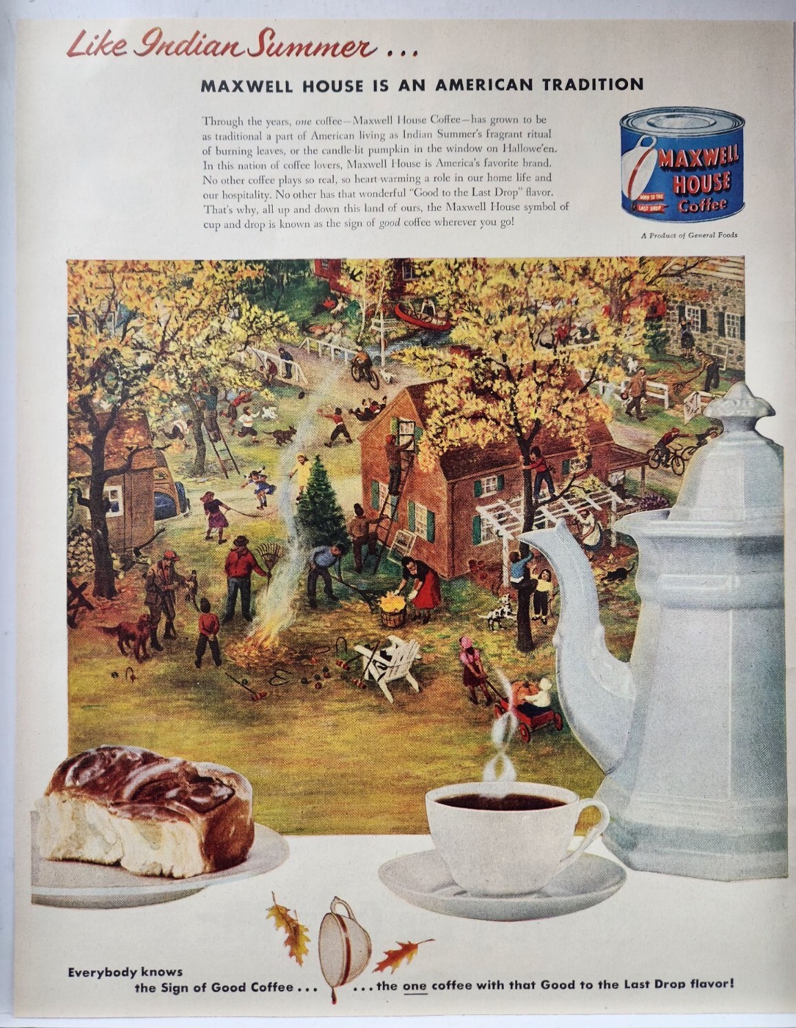 1951 Maxwell House Coffee Fall Scene MCM Original Print Ad Life Magazine 50\'s