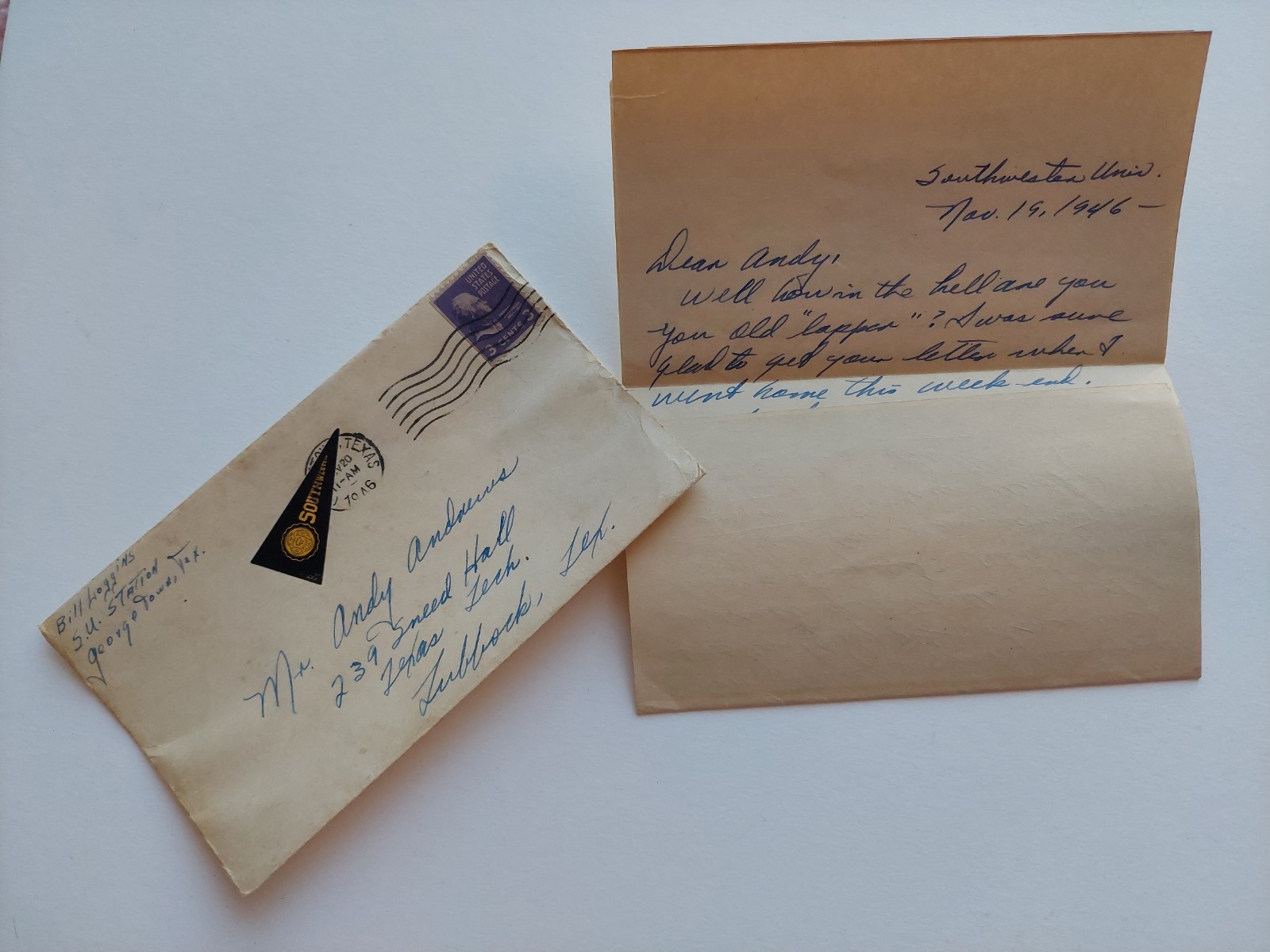 VTG 1946 Southwestern University College Handwritten Letter W Postage Envelope VTG 1946 Southwestern University College Handwritten Letter W Postage Envelope