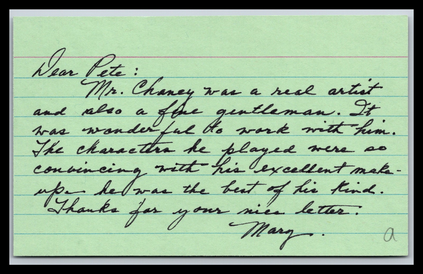 Mary Philbin - Silent Firm Actress  - 3x5 Card w/ Written Note- Signed (a)