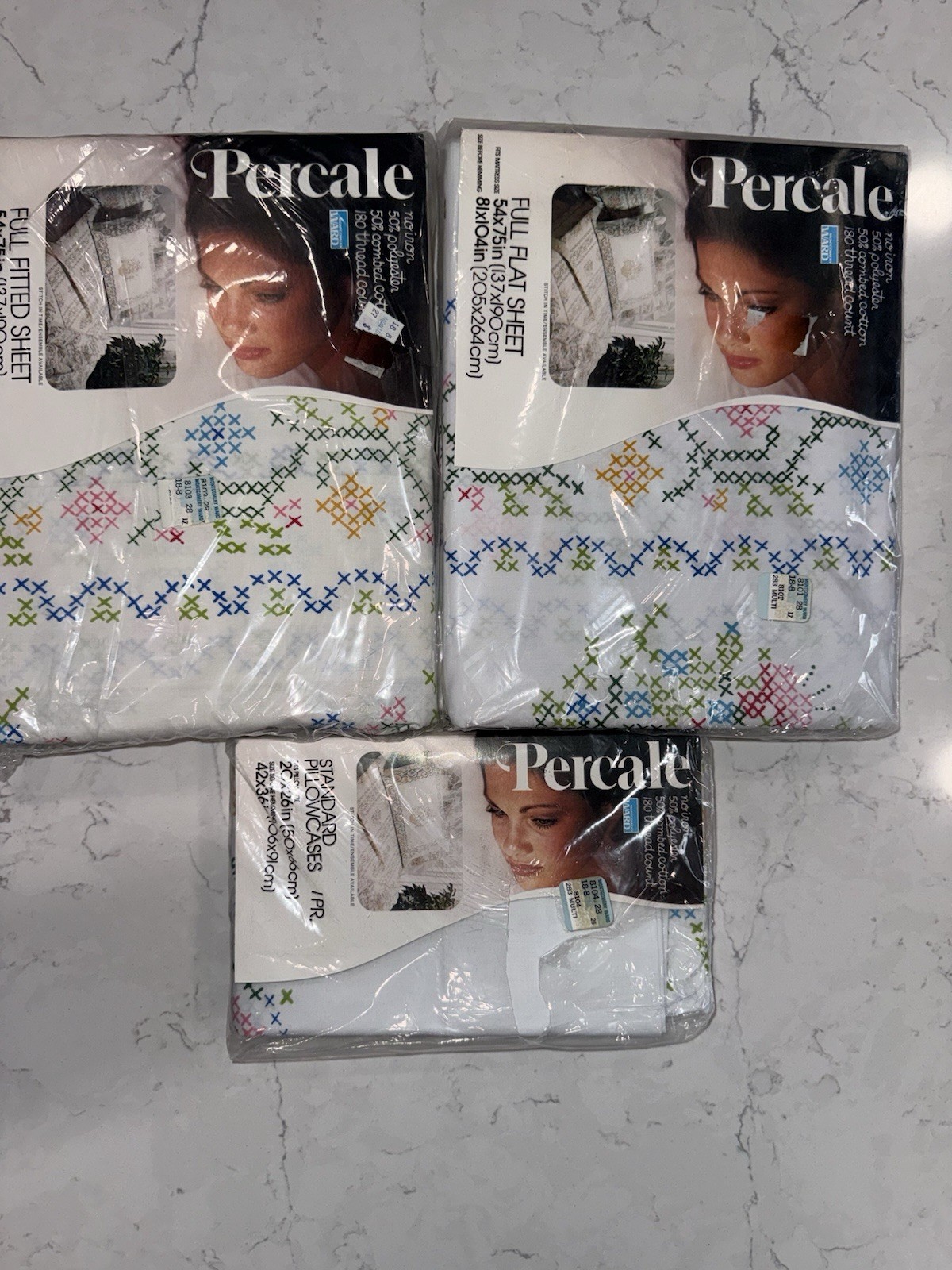 Vintage NOS 70s Montgomery Ward Stitch In Time Full Sheet Set Percale No Iron