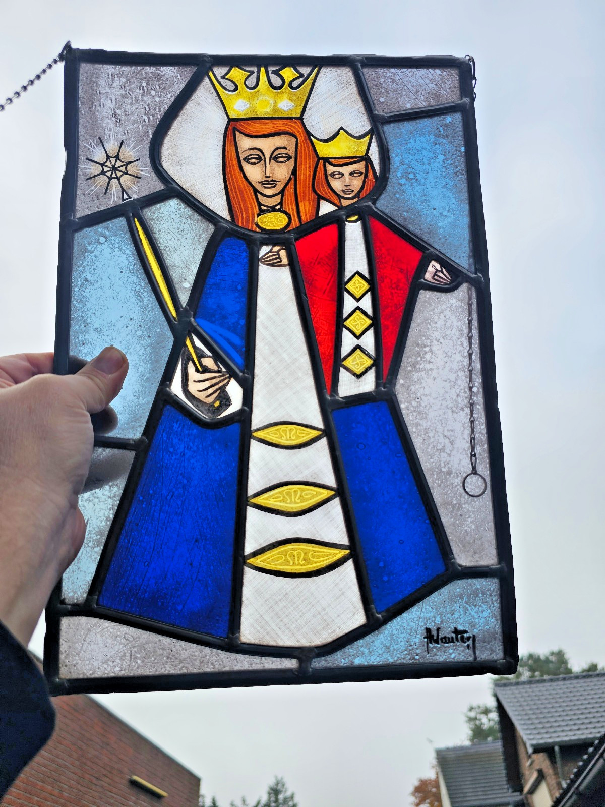 Vintage Stained glass window panel madonna child flanders 1950 religious
