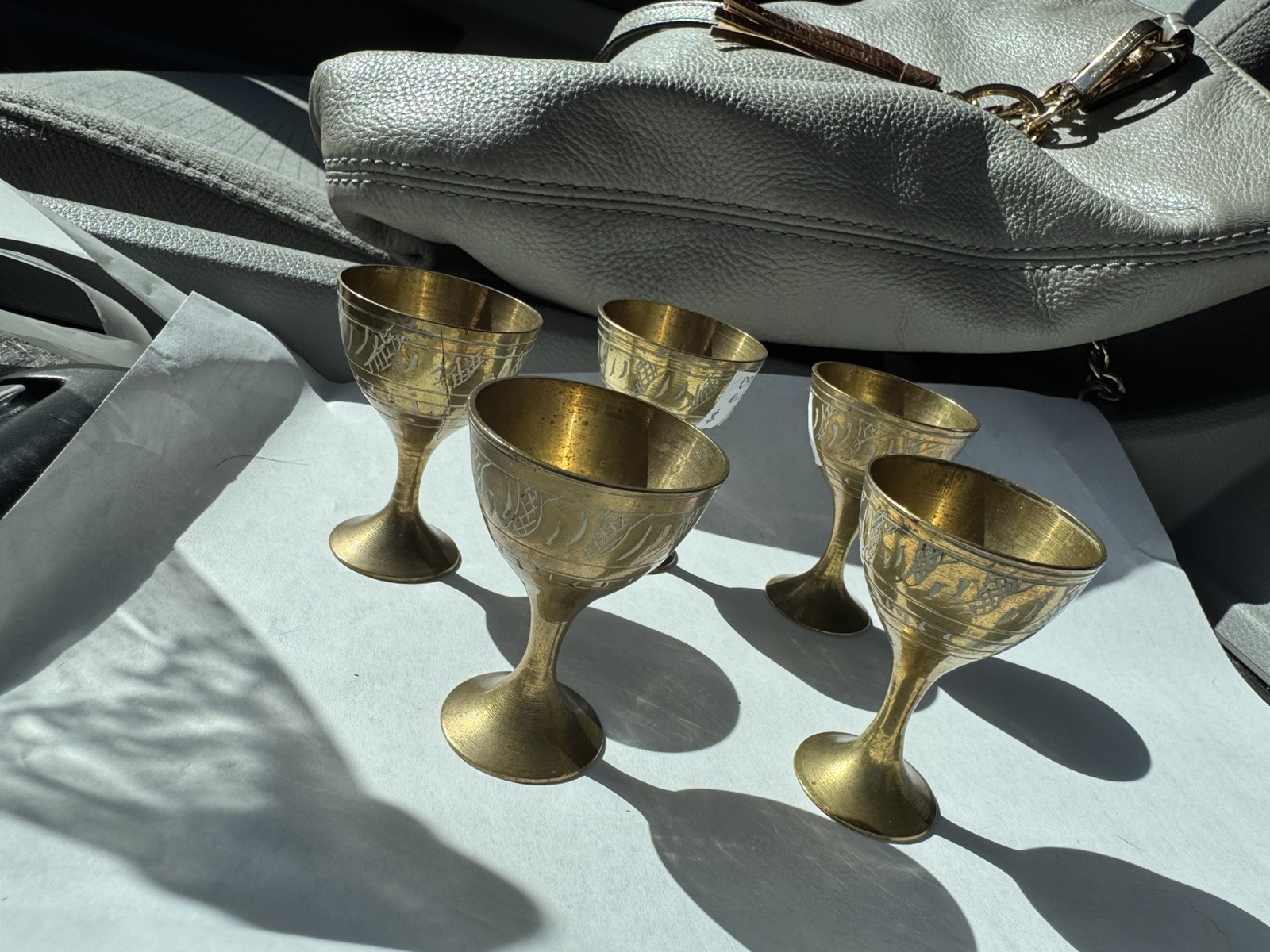 Vintage Set of 5 Etched Brass Mini Goblets Chalices Cordial Cups Barware India