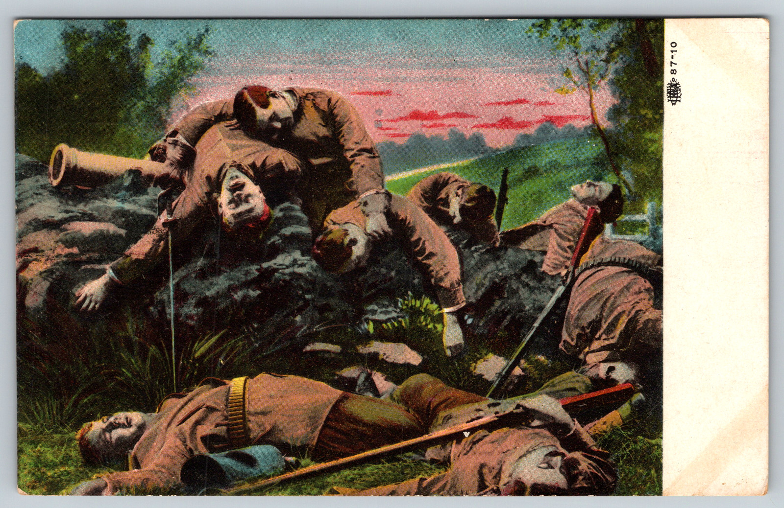 c1910s WW1 Battle Dead Soldiers Sunset Bazooka Antique Vintage Postcard
