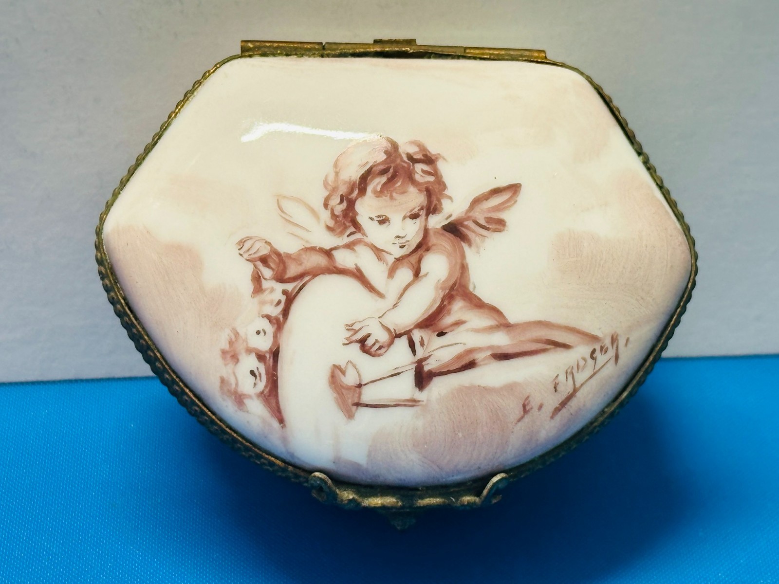 Vintage Authentic Signed Limoges Paint France Numbered Angel Trinket Pill Box