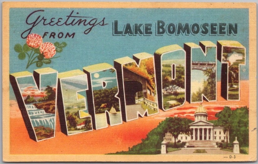 c1940s Lake Bomoseen, VERMONT Postcard State Capitol & Flower / DEXTER Linen