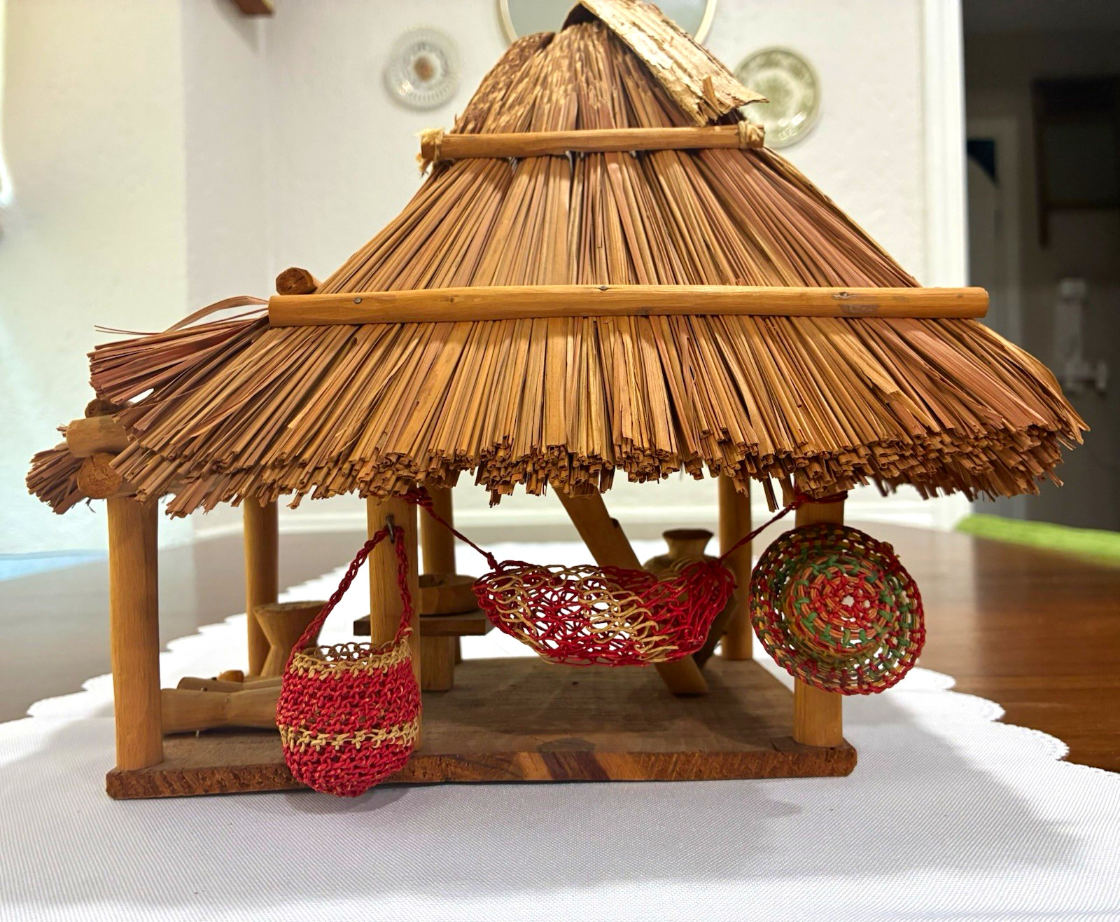 Vintage Handmade Tropical Tiki Hut House with Hammock and Baskets - Panama