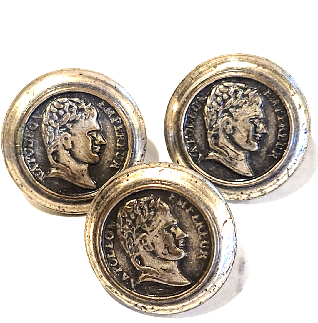 Three Vtg Napoleon Empereur Silver Tone Medal Buttons Three Vtg Napoleon Empereur Silver Tone Medal Buttons