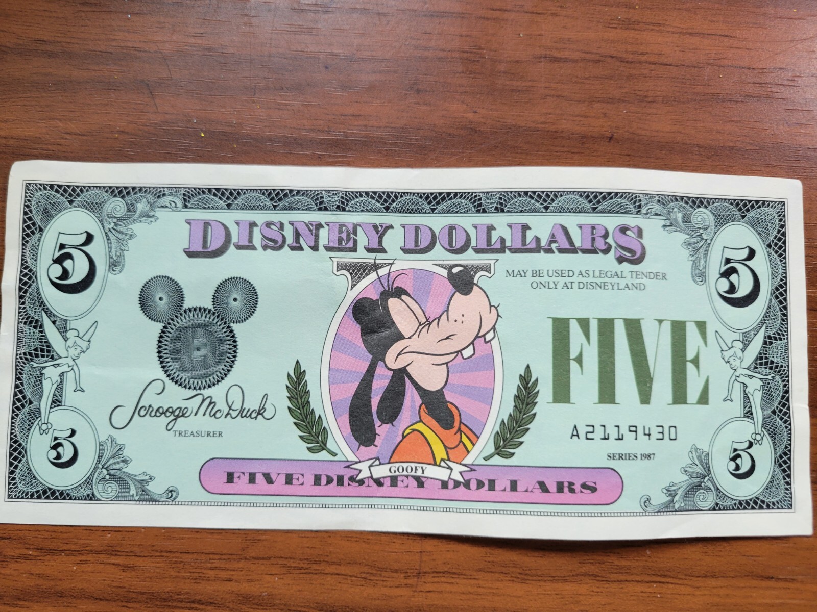1987 $5 Disney Dollar Rare 1987 $5 Disney Dollar Rare