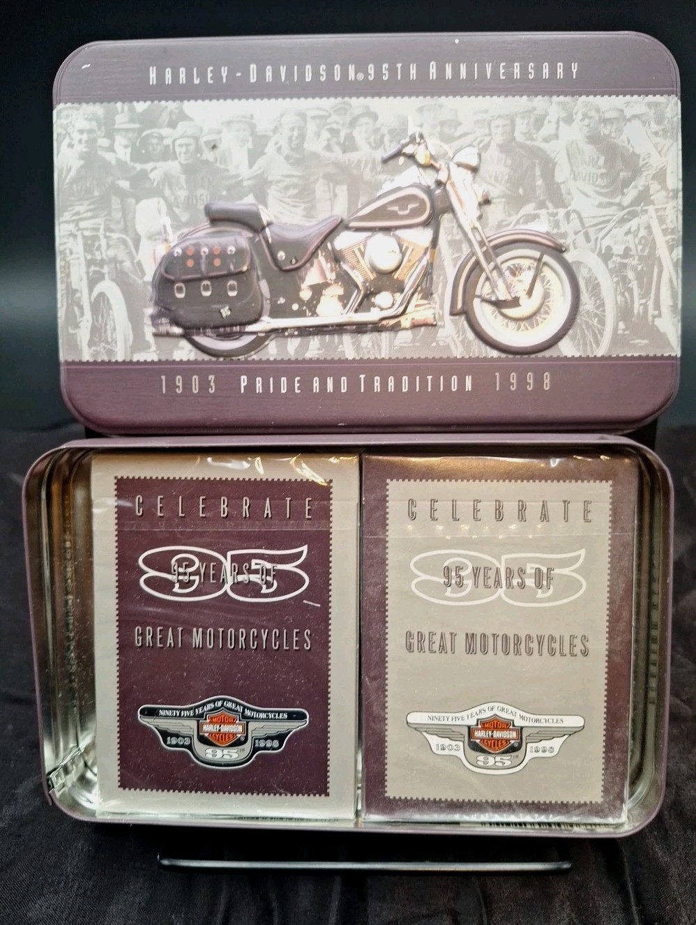 Vtg Harley Davidson 95th Anniversary Collector's Tin W-2 Decks Sealed Cards 