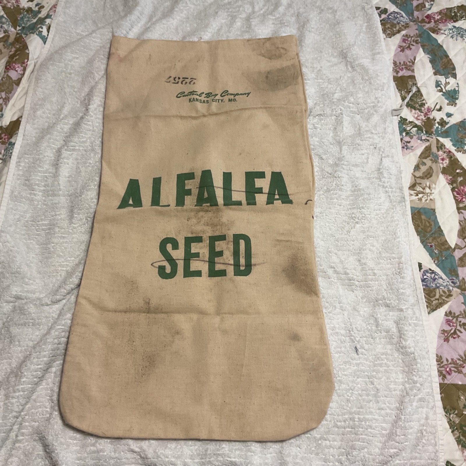 VTG Central Bay Company Alfalfa Green Print Cloth Seed Bag As Seen