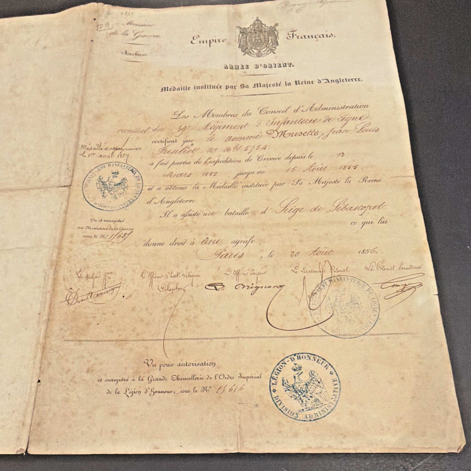 1856 French Crimean War Document Jean Louis Mousette Sevastopol Medal