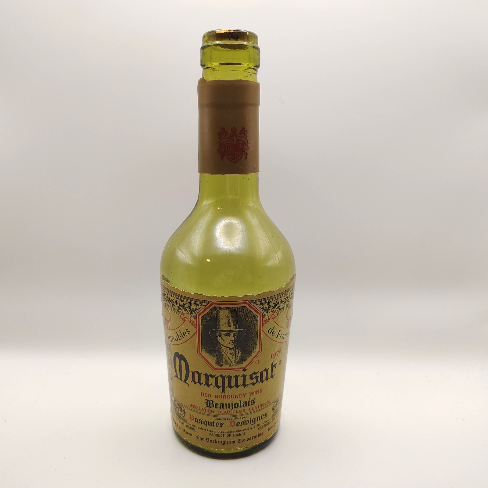 Marquisat Red Burgundy Wine Beaujolais Empty Bottle w/ Cork Green Glass Vintage Marquisat Red Burgundy Wine Beaujolais Empty Bottle w/ Cork Green Glass Vintage