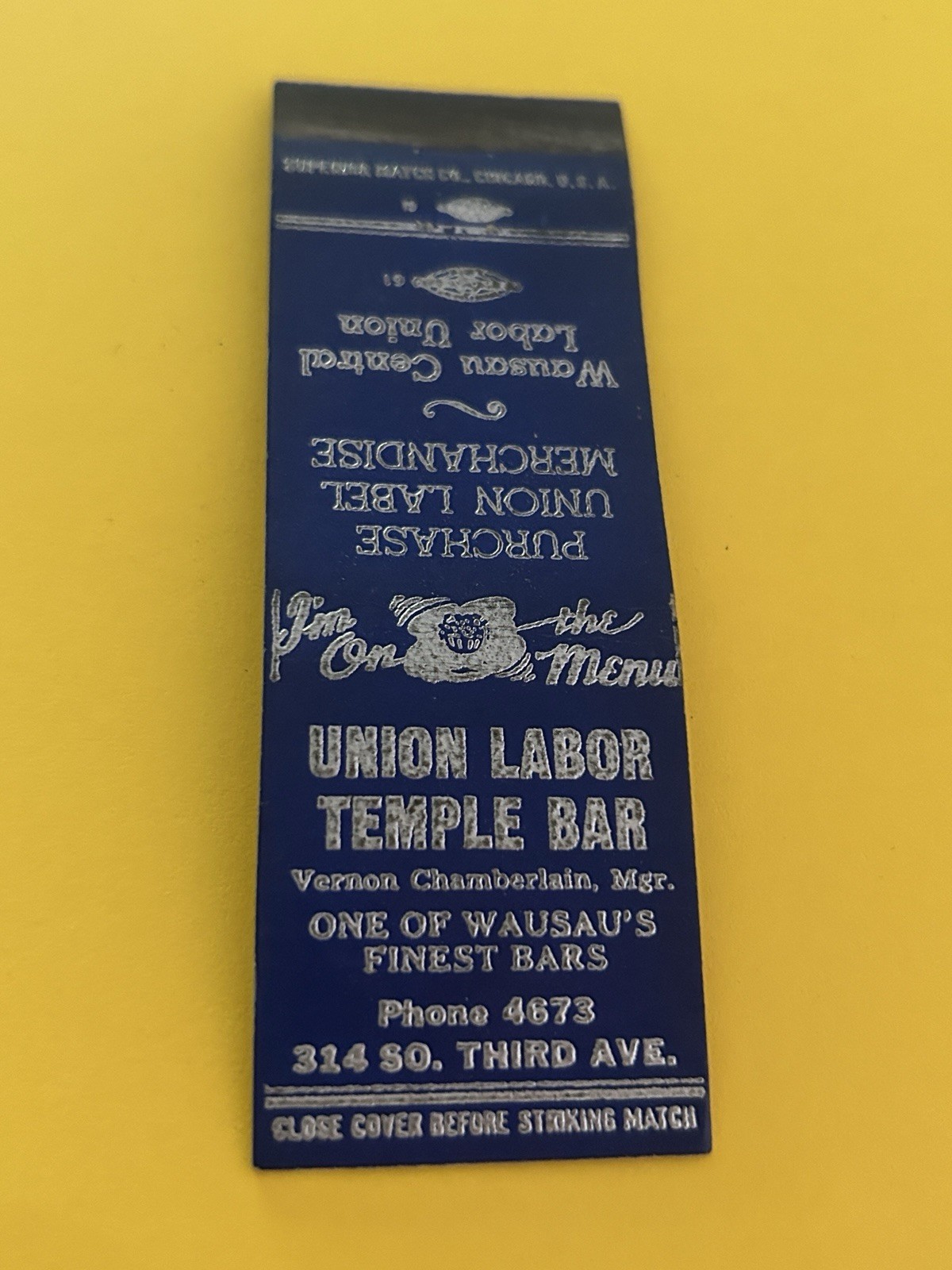 Union Labor Temple Bar Wausau Wisconsin Vintage Matchbook MB198