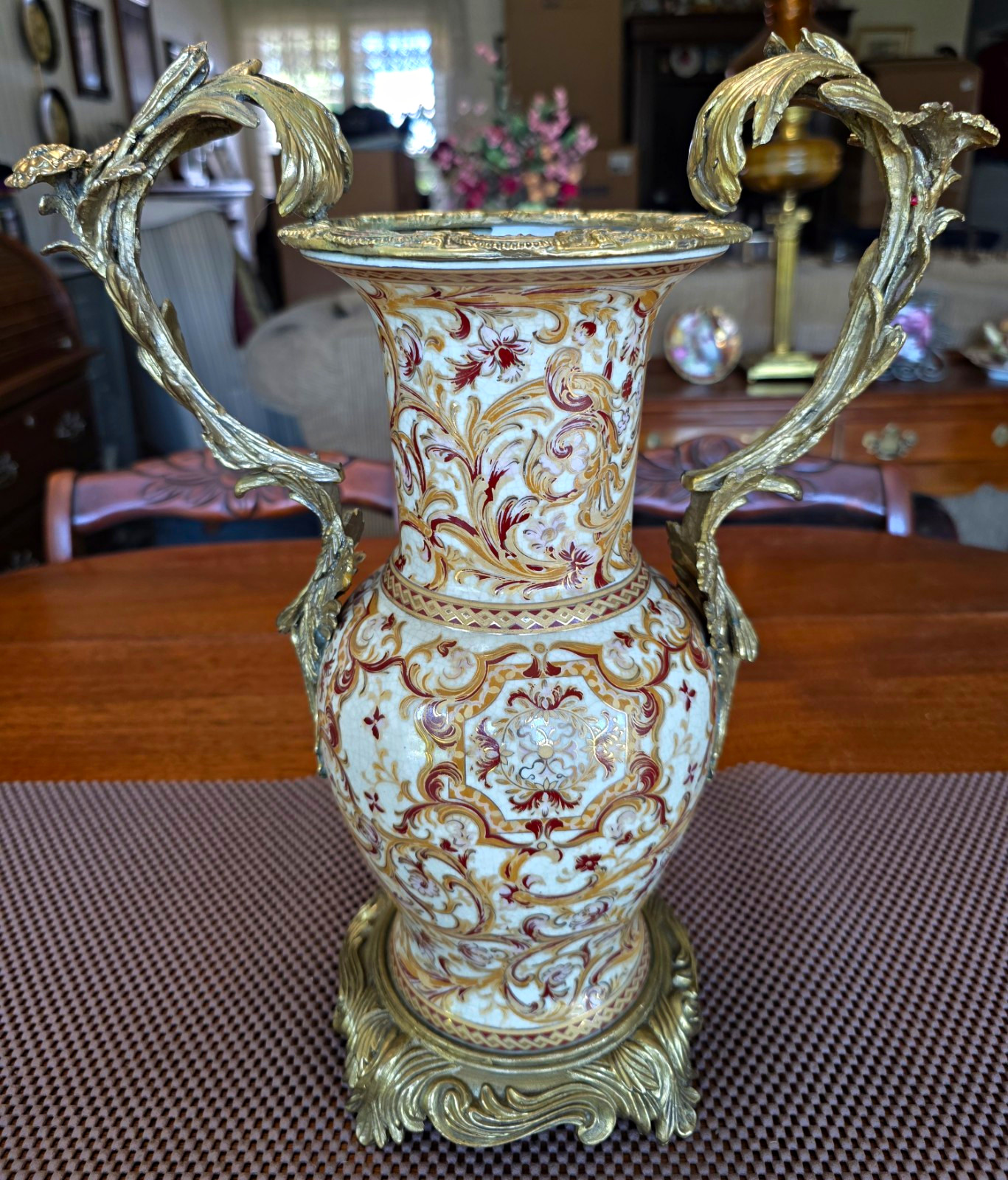 Amita Ormolu Rococo Mounted Crackled Ceramic Vase w/Ornate Antique Brass Handles Amita Ormolu Rococo Mounted Crackled Ceramic Vase w/Ornate Antique Brass Handles