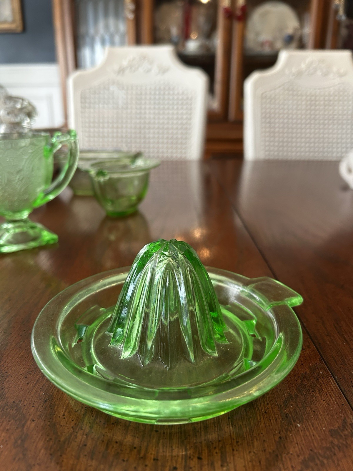 Vintage Uranium Vaseline Glass Juicer Reamer Tab Handle Green Depression Glass
