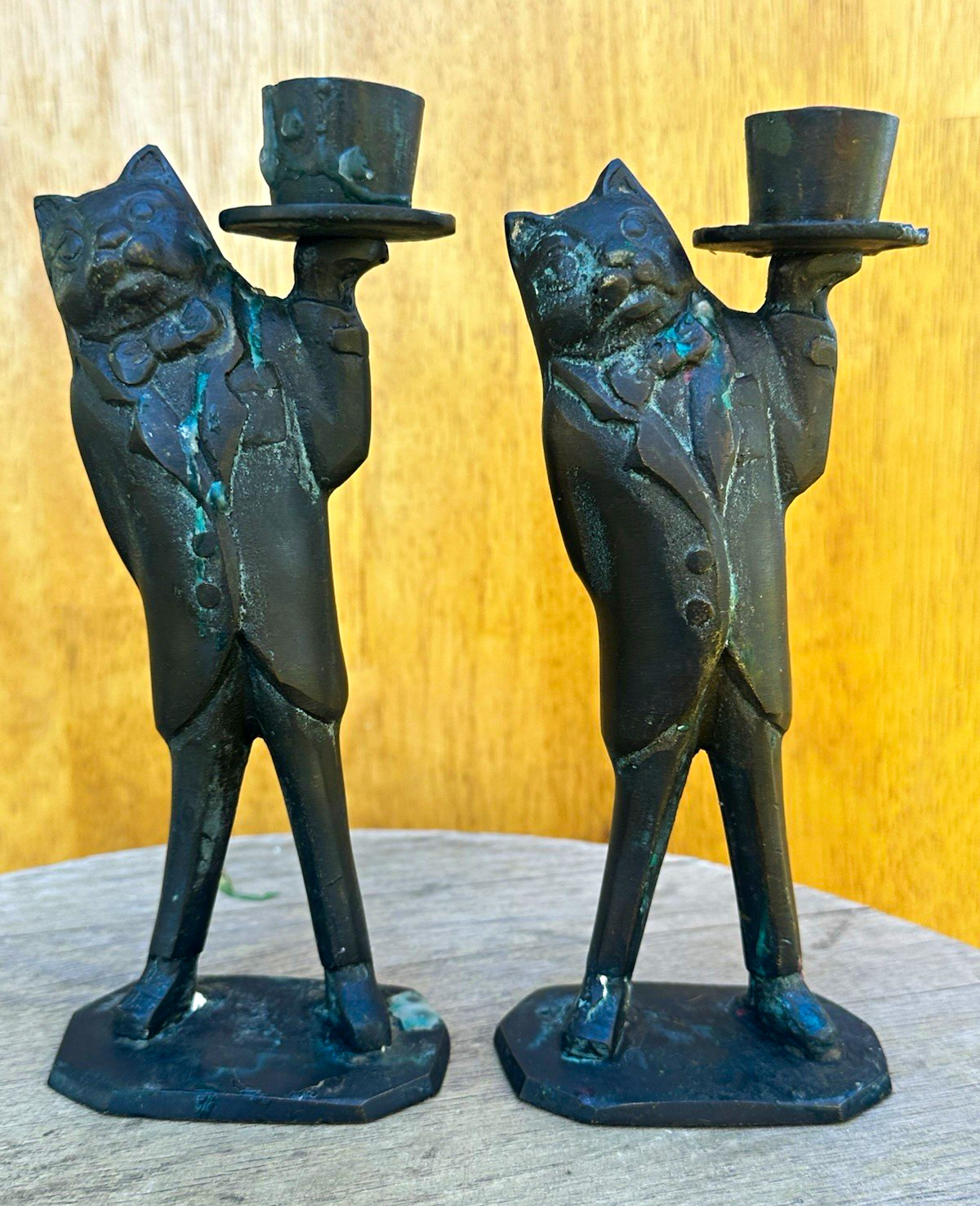 Vintage Brass Cat Butler Candlestick Holders Pair Whimsical Feline Figurine 7”