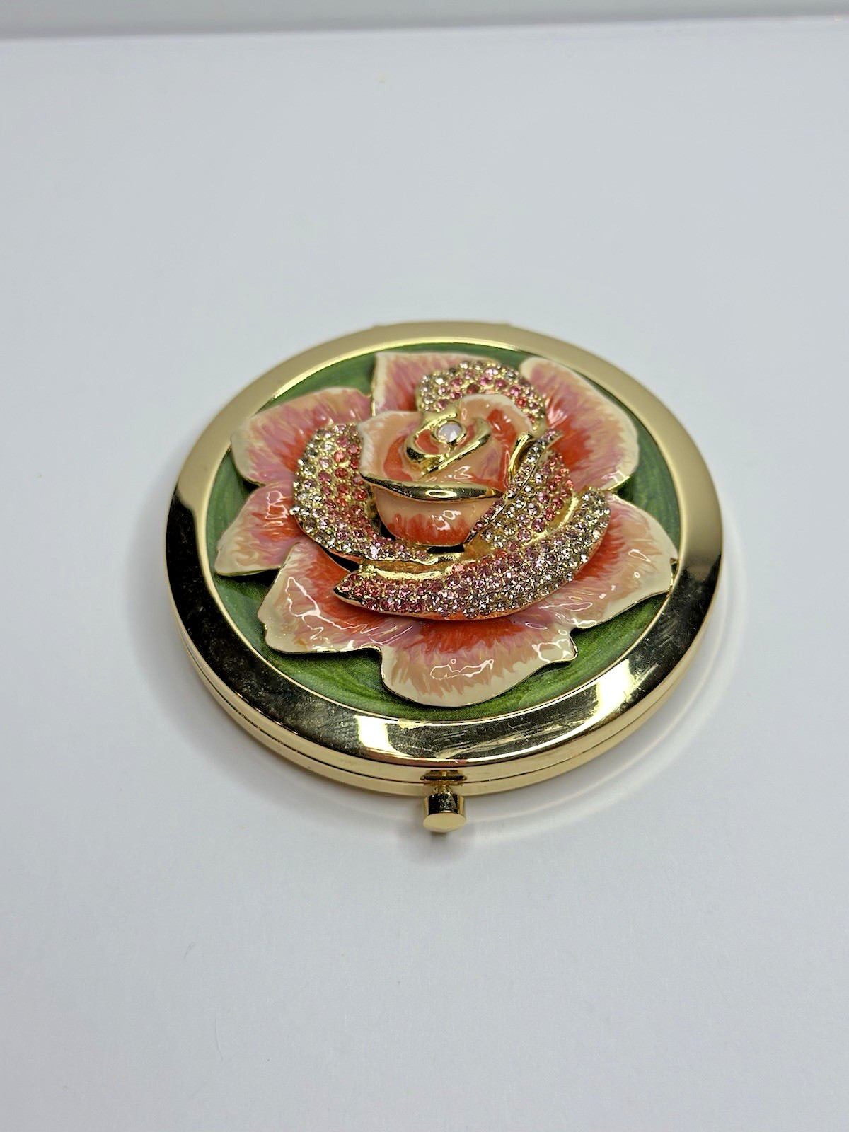 VTG Jay Strongwater Round Floral Pink ROSE Gold Mirror Compact Swarovski Crystal VTG Jay Strongwater Round Floral Pink ROSE Gold Mirror Compact Swarovski Crystal