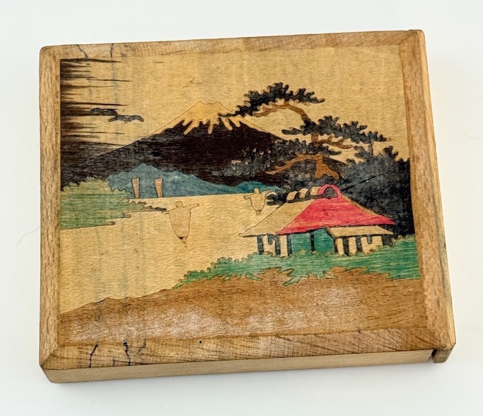 Vintage Japanese Wooden Sliding Trinket Box Mt Fuji Scenic US Military Estate