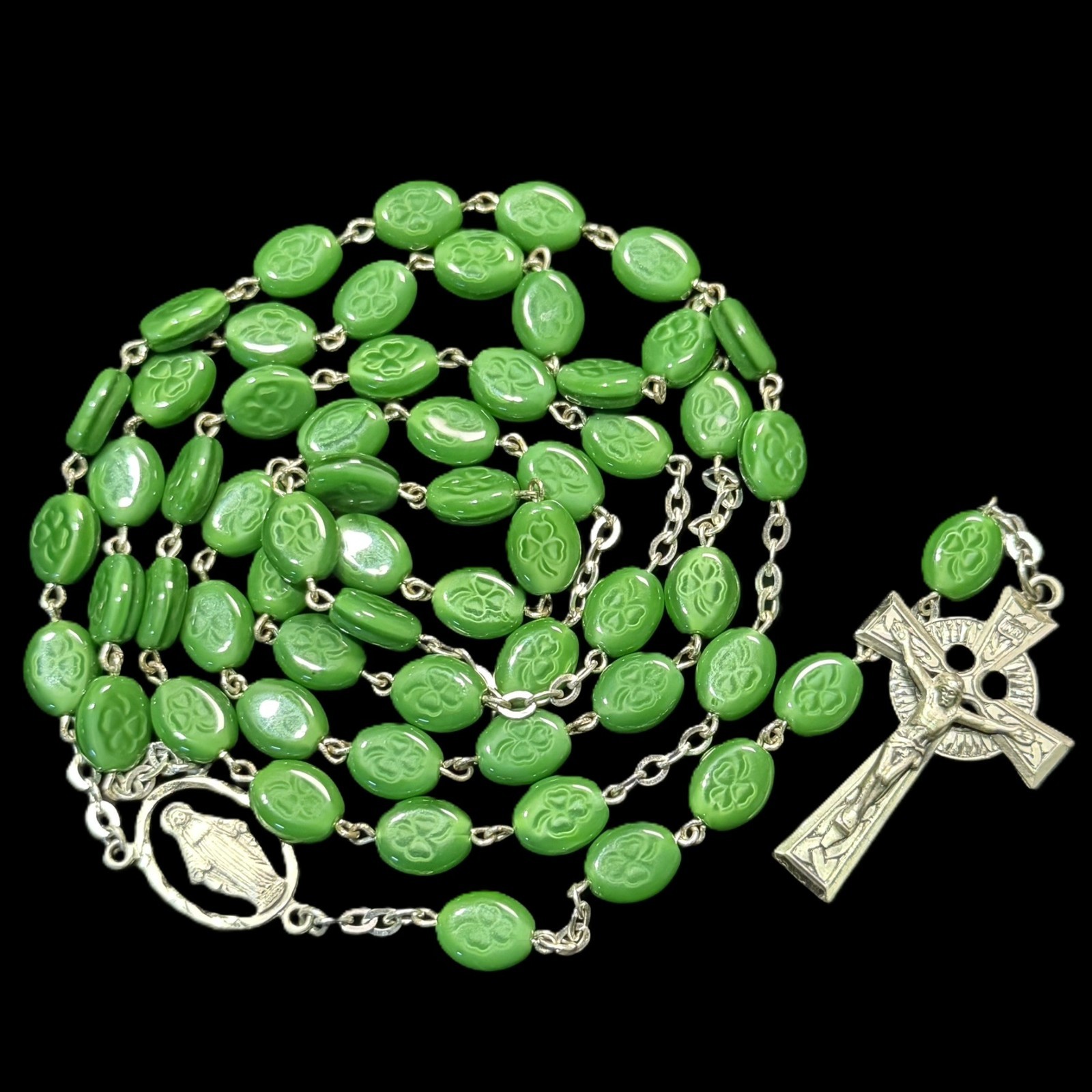 Sterling Silver Green Glass Shamrock Bead Irish Celtic Catholic Rosary 25\