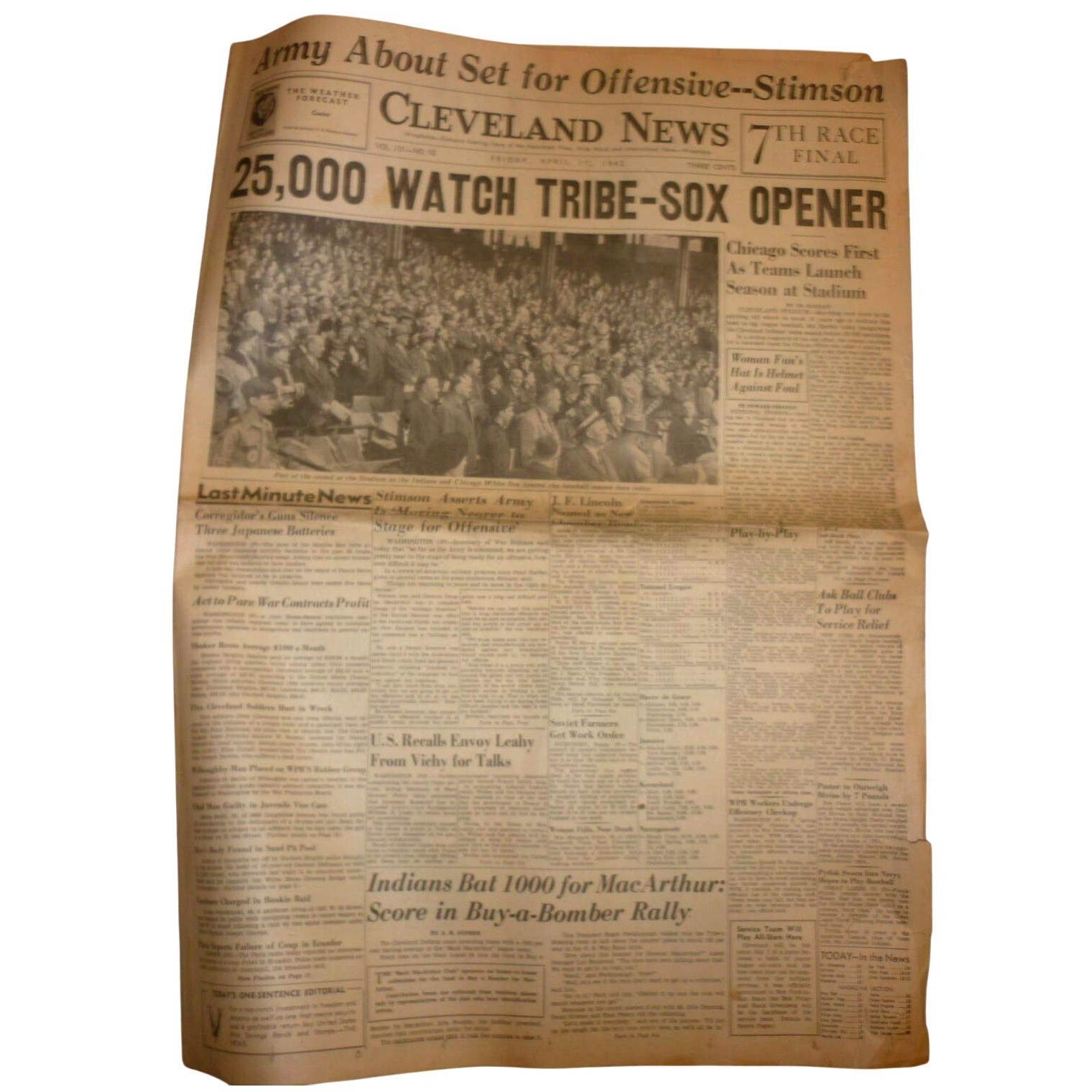 1942 Cleveland News Newspaper MLB Opening Day Indians White Sox WWII Higbee 1942 Cleveland News Newspaper MLB Opening Day Indians White Sox WWII Higbee