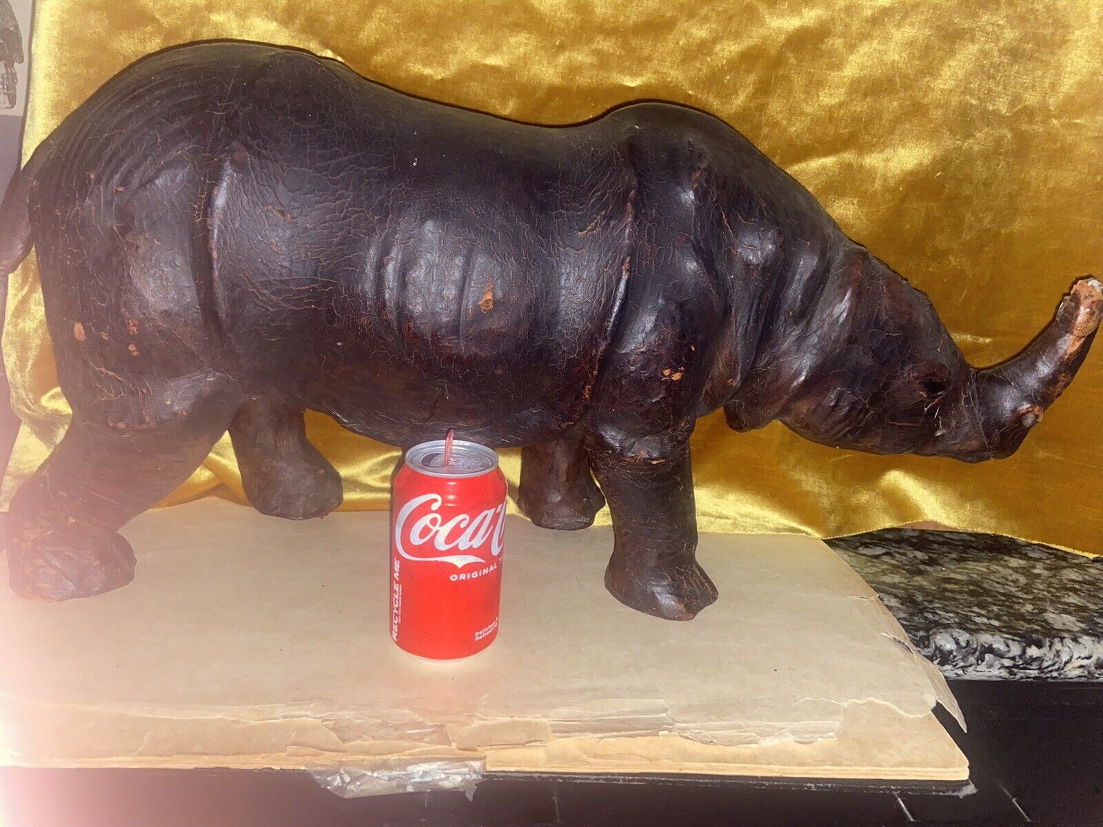 Antique Vintage Large Leather Rhinoceros Figurine Glass Eyes Oddities 28” Long