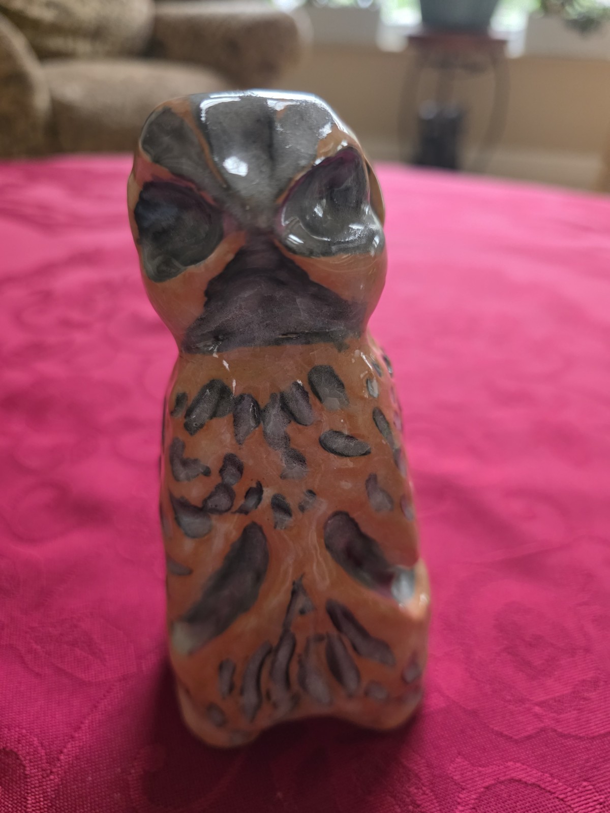 Vtg 1970s Ceramic Owl Figurine 5.5” Retro Mod Orange Gray Spotted Glaze Folk Art