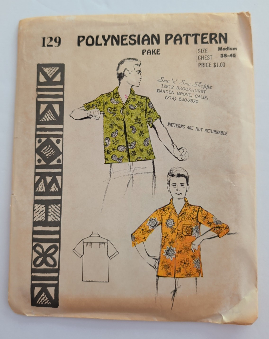 Vtg 60s Polynesian Pattern 129 'Pake' Mens Hawaiian Aloha Shirt Med 38-40 NEW